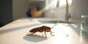 A close-up of a cockroach on a kitchen counter, illuminated by sunlight streaming through a window. The insect is near some crumbs, with a blurred background showing a faucet and kitchen items.