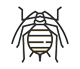 A stylized line drawing of an insect resembling a bee or beetle, featuring bold black lines and horizontal orange stripes on its body. The design is symmetrical, emphasizing the insect's wings and legs.